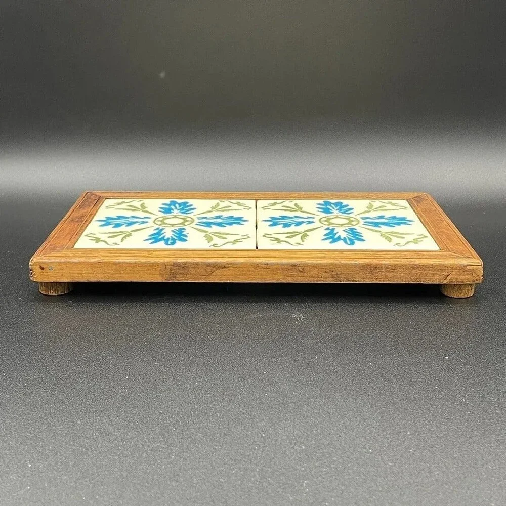 Handmade Tile framed decorative trivet hot plate w/ Mexican tiles Wooden Edging